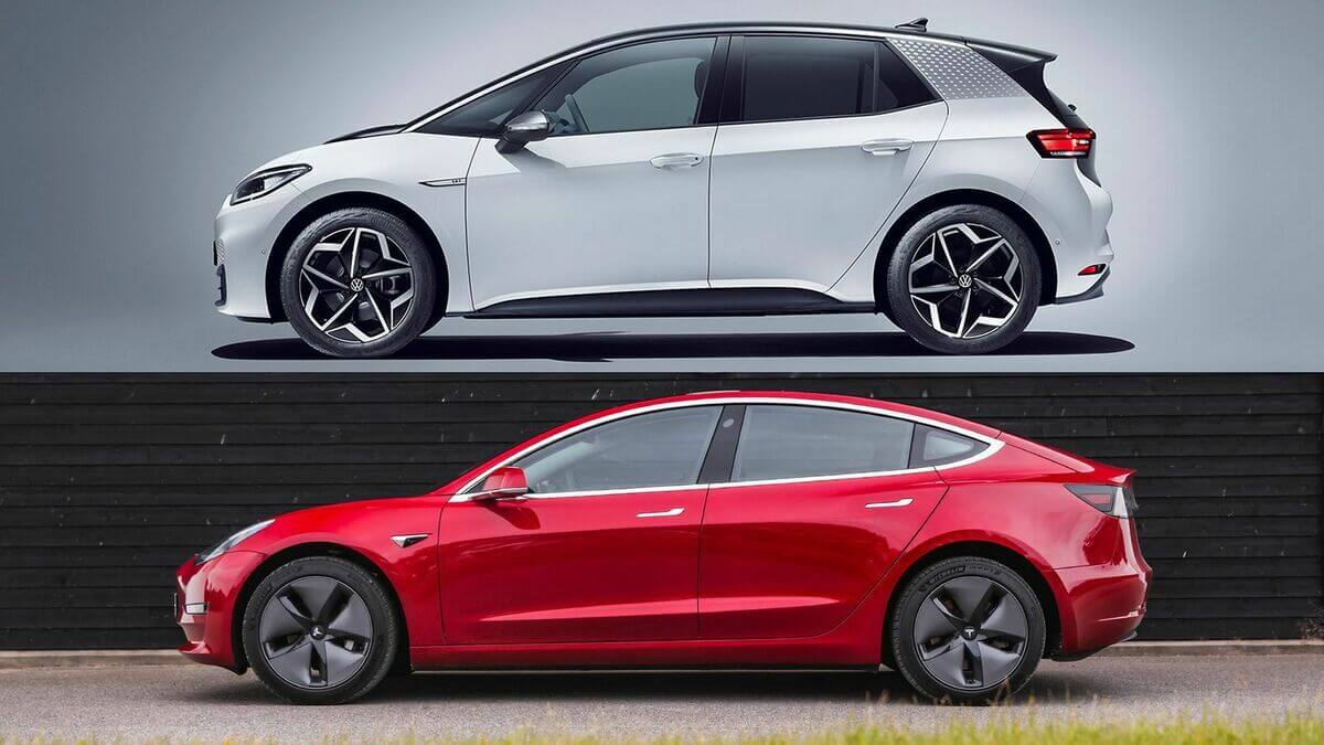 Comparativa lateral VW ID.3 vs Tesla Model 3.